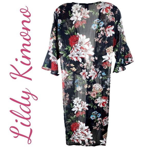 LILDY DARK FLORAL OPEN TIE FRONT KIMONO DUSTER SEMI-SHEER FLUTTER SLEEVE, MEDIUM - Picture 8 of 9